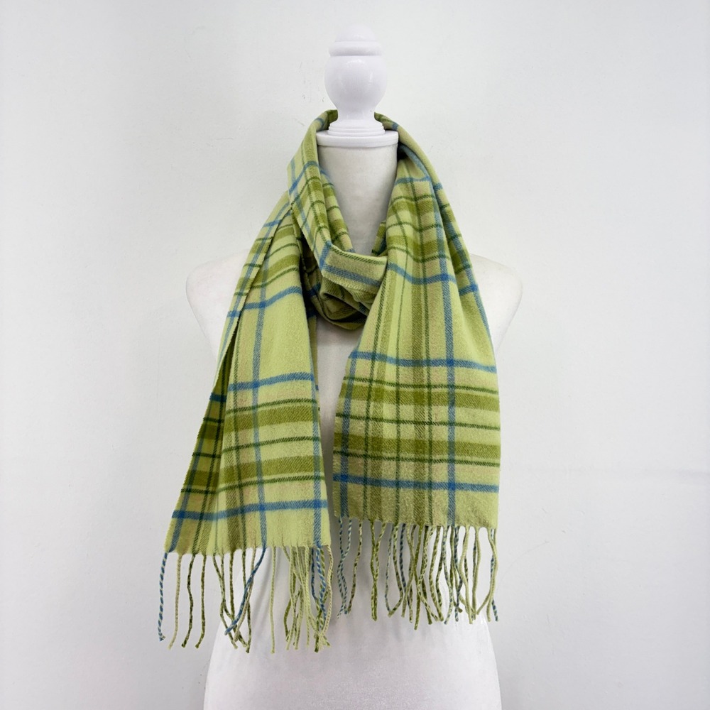 Nordstrom 100% Cashmere Plaid Scarf Apple Green Blue Fringed Winter Soft Warm
